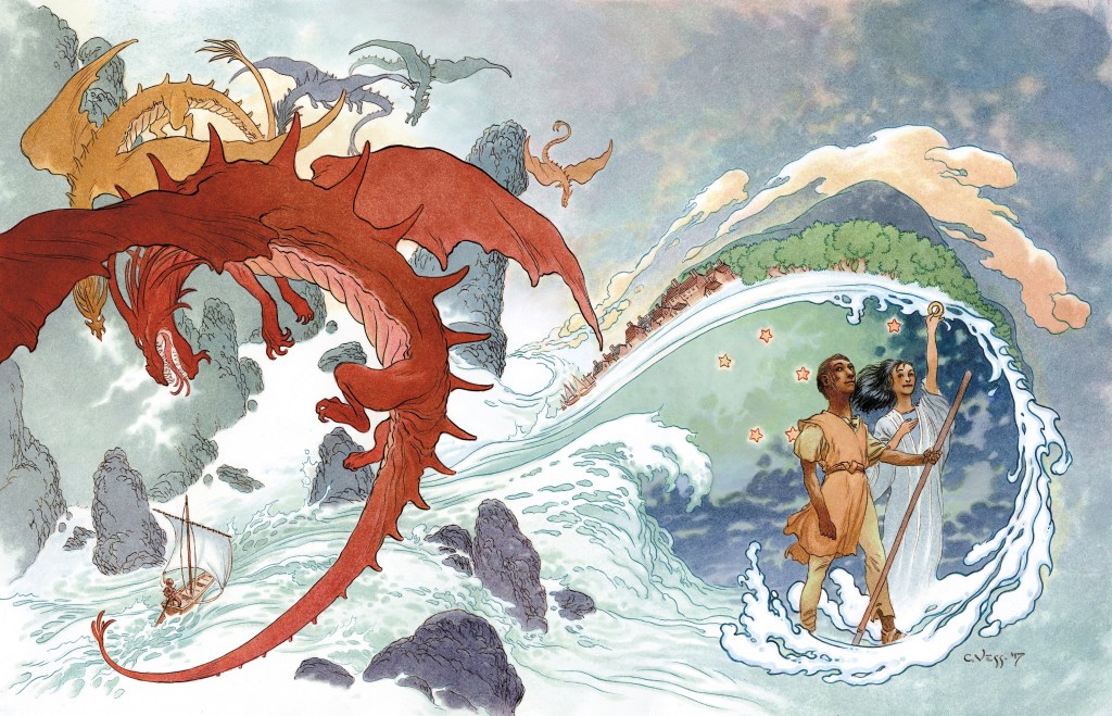 Illustration by Charles Vess for Ursula K. Le Guin's Earthsea series: Ged, a wizard with brown skin clad in simple robes and bearing a wooden staff, stands next to Tenar, a light-skinned woman with black hair holding aloft a ring. Behind them, dragons soar above a landscape of islands in the sea.